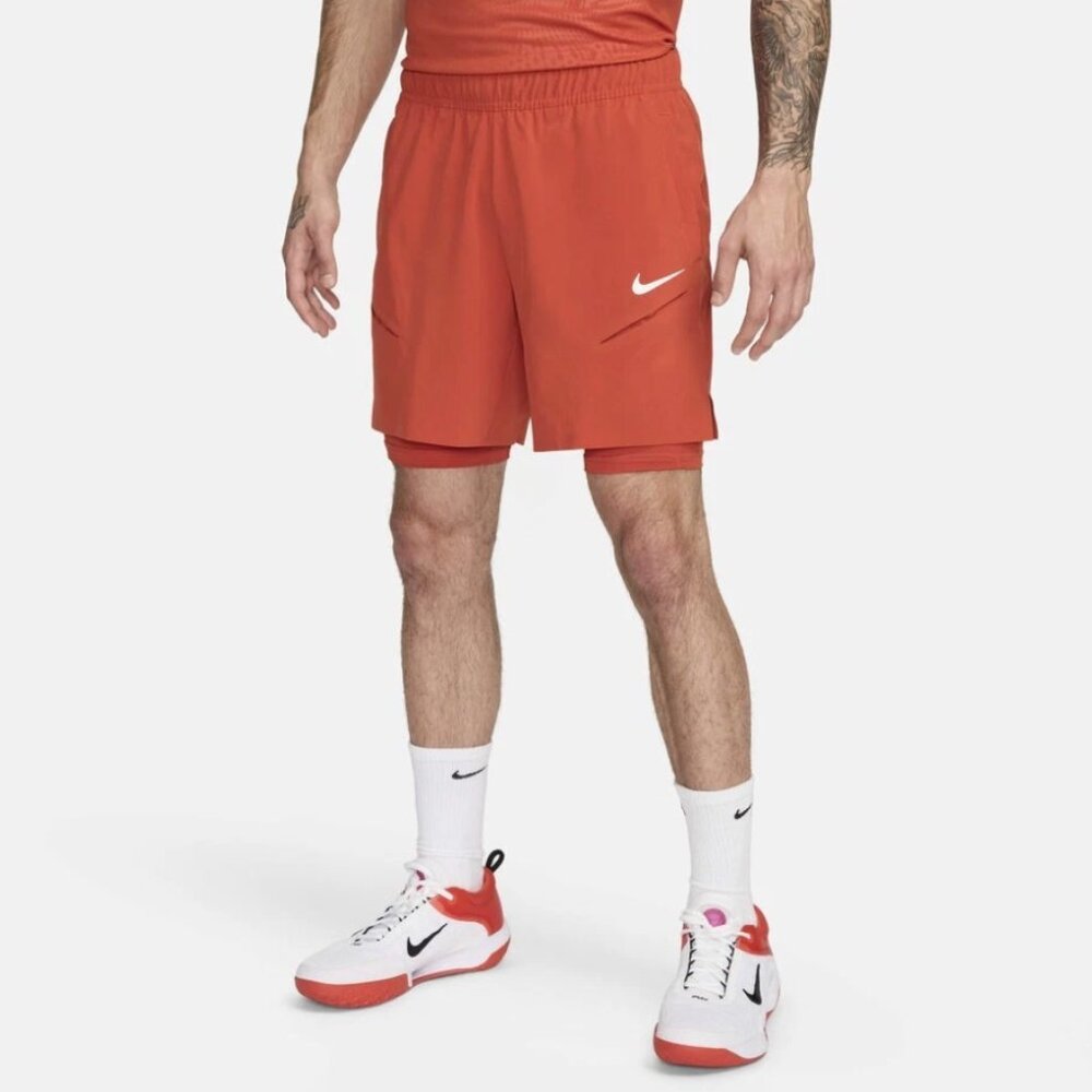 NikeCourt Slam Men's Dri-FIT Tennis Shorts 2-in-1 Rust Orange White Size XL